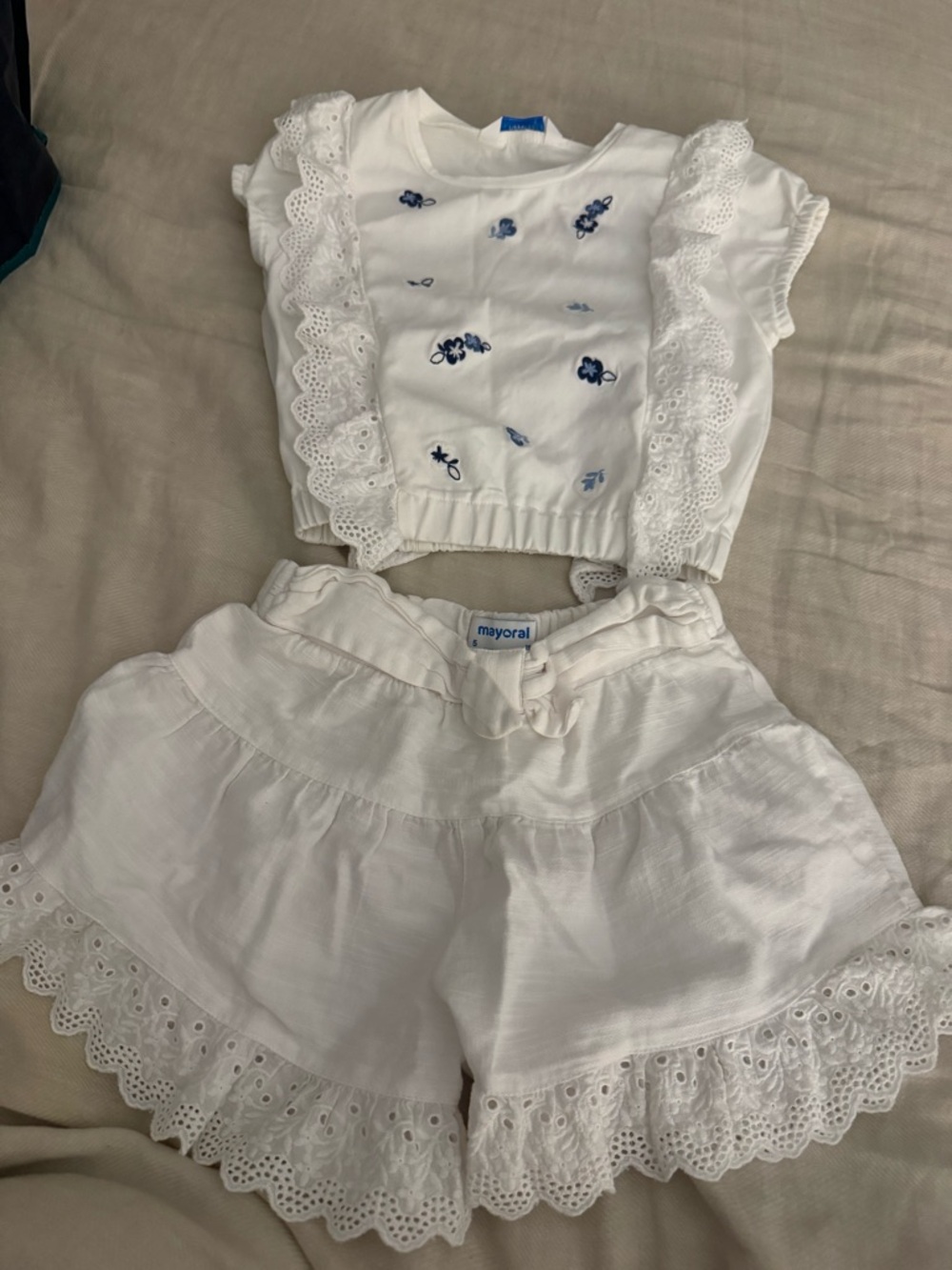 Mayoral White Eyelet Shorts + Embroidered Crop Top Set